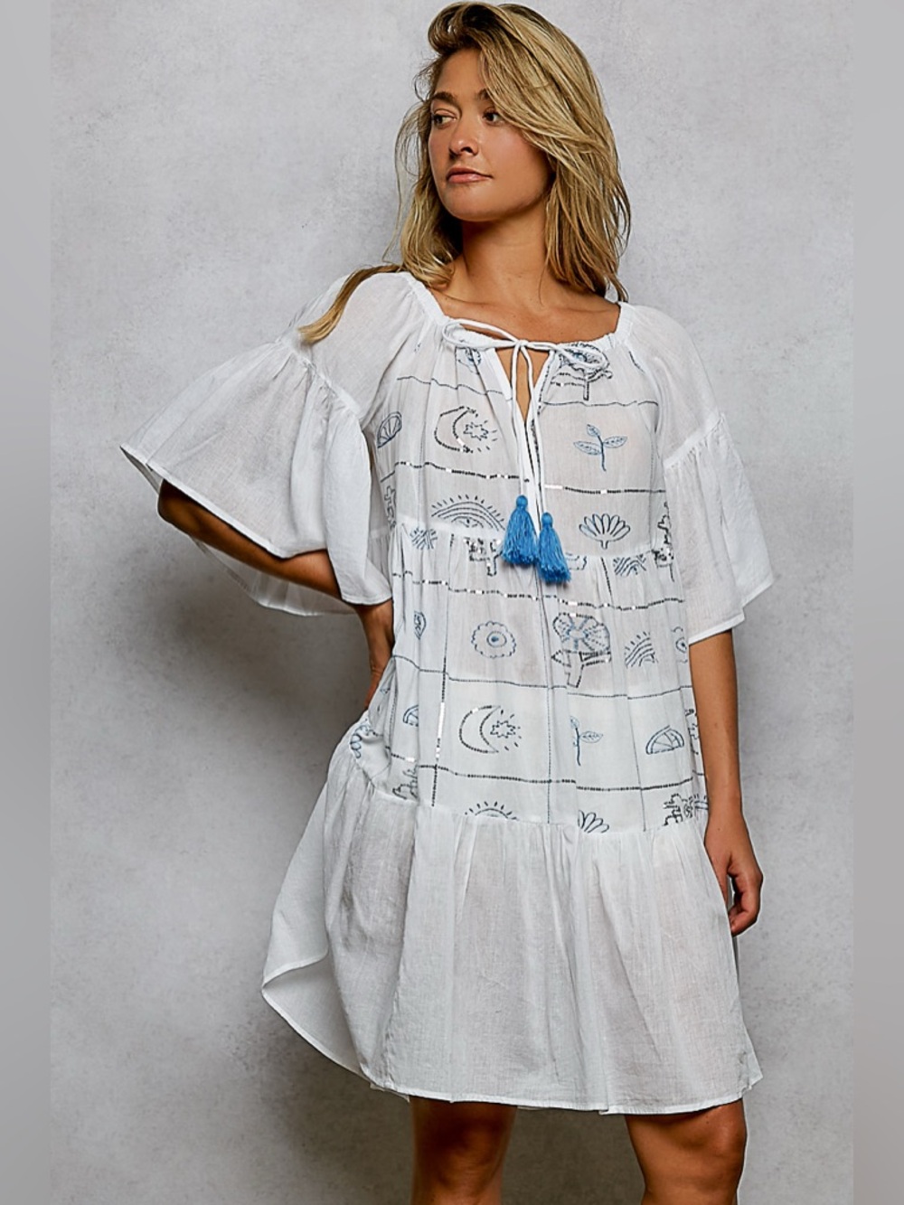 POL Tied Tassel Embroidery Half Flared Sleeve Mini Dress - Picture 2 of 6